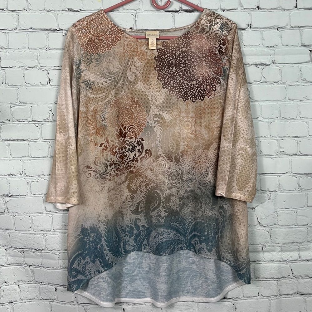 Chico’s size 2 or Large semi-sheer patterned blouse.